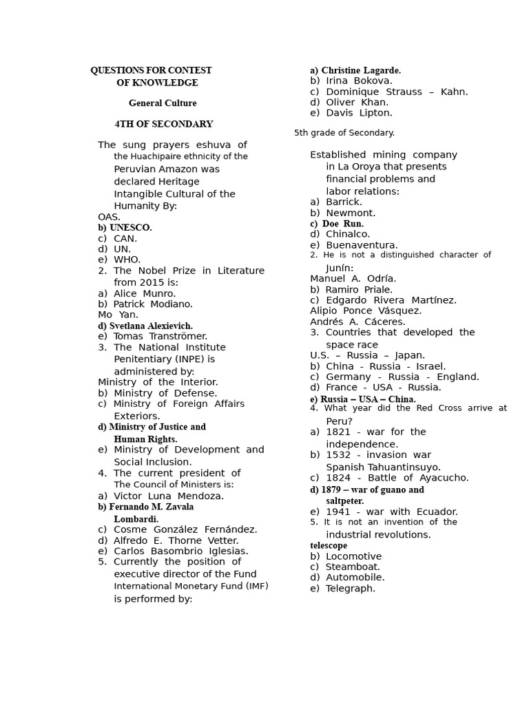 Questions For Knowledge Contest | PDF