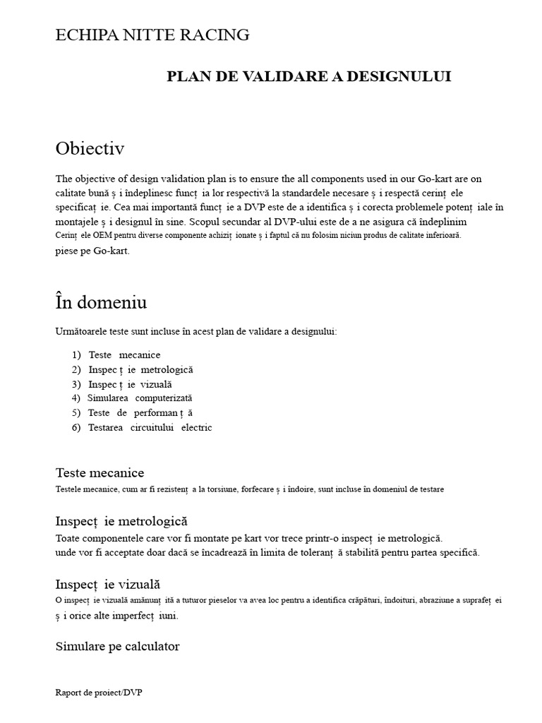 Plan de Validare A Designului Pentru Karting | PDF