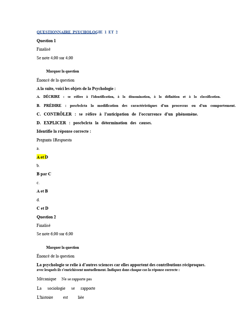 Questionnaire sur la psychologie et ses méthodes | PDF | Psychologie ...