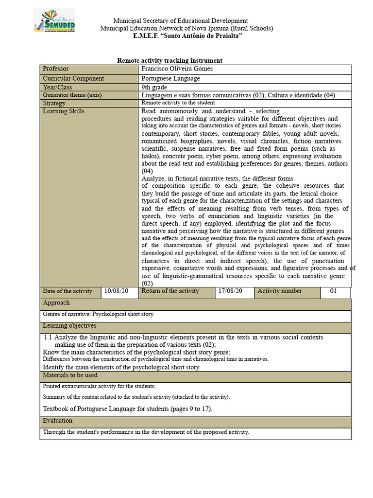 Activity 01 - 9th Grade Port | PDF | Narrative | Narration