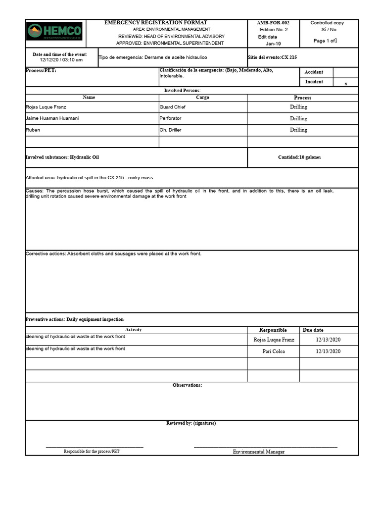 Emergency Registration: Hydraulic Oil Spill | PDF