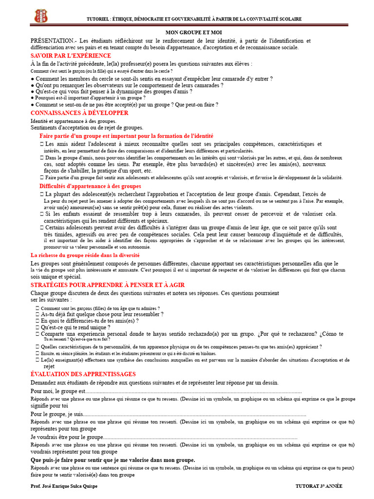 Identité et appartenance en milieu scolaire | PDF | Identité (Science ...