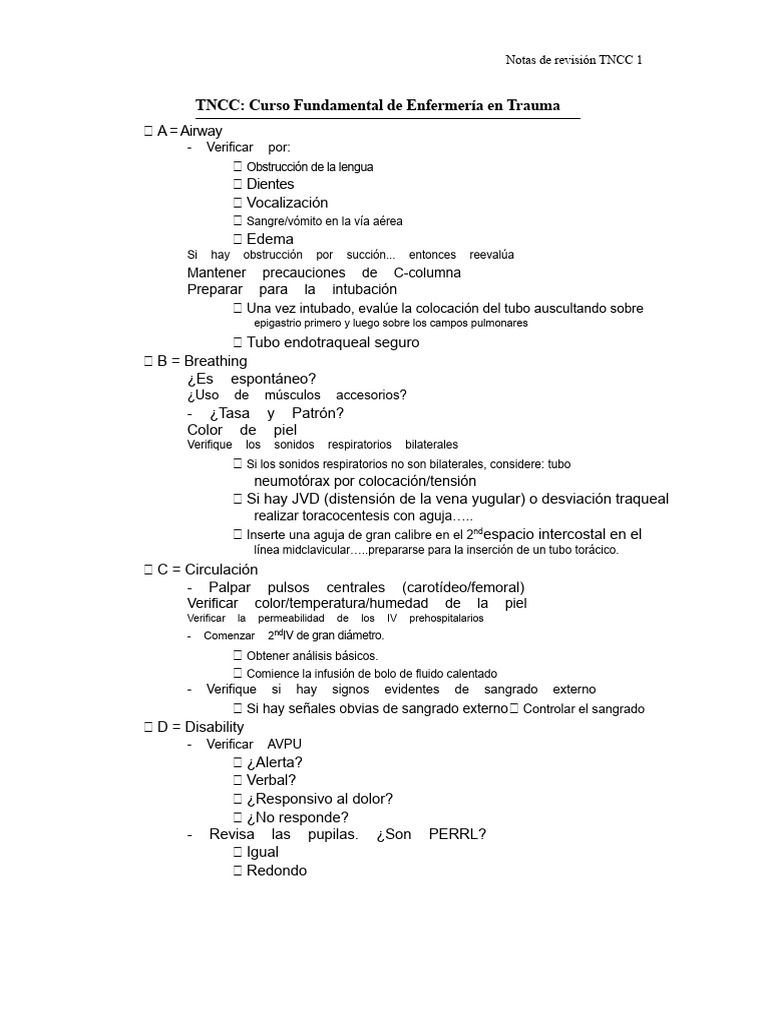 Revisión de Notas TNCC en Trauma | PDF | Medicina CLINICA ...