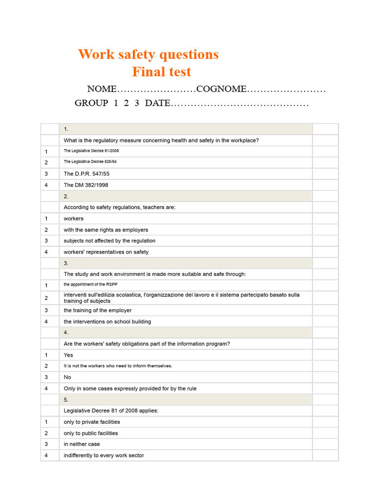 Quiz on Legislative Decree 81/2008 | PDF | Occupational Safety And ...