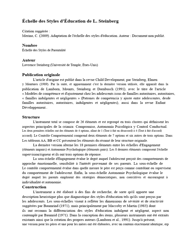 Échelle des Styles d'Éducation de Steinberg | PDF | Psychologie ...