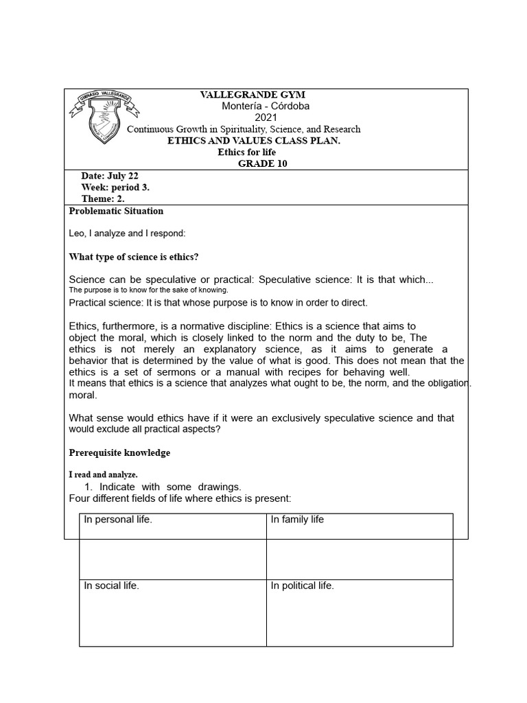 Ethics and Values Class Plan for Grade 10 | PDF | Justice | Crime ...