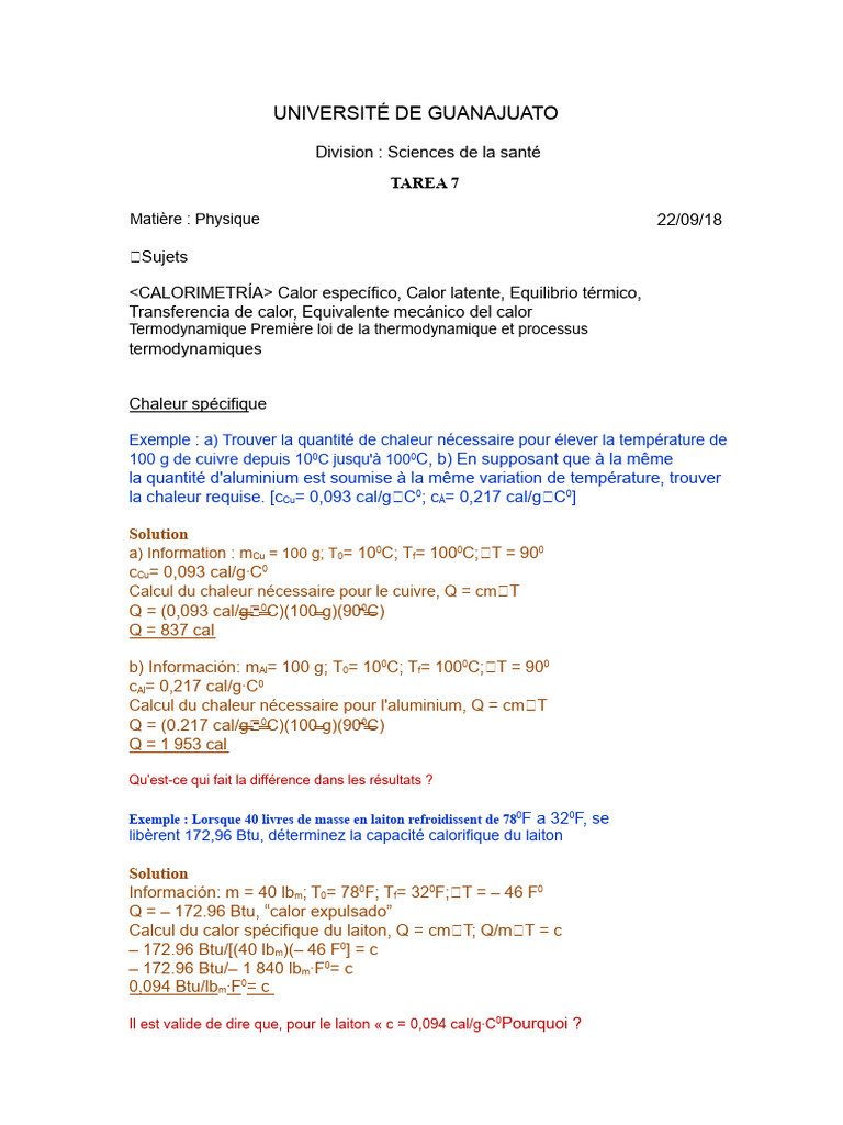 Calculs de chaleur en thermodynamique | PDF | Chaleur | Thermodynamique