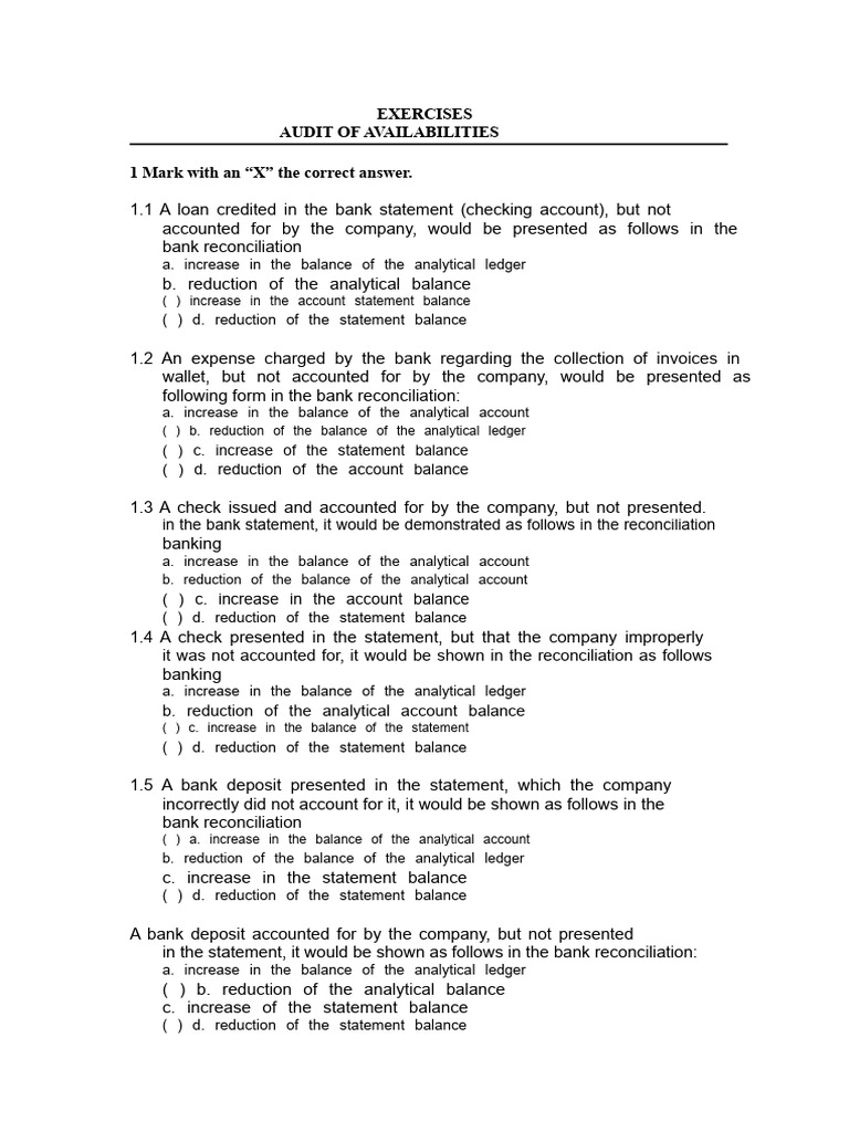 Bank Reconciliation Exercises Guide | PDF | Debits And Credits | Banks