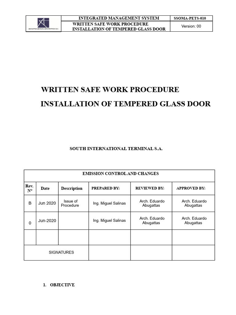 Safe Work Procedure for Glass Door Installation | PDF | Personal ...