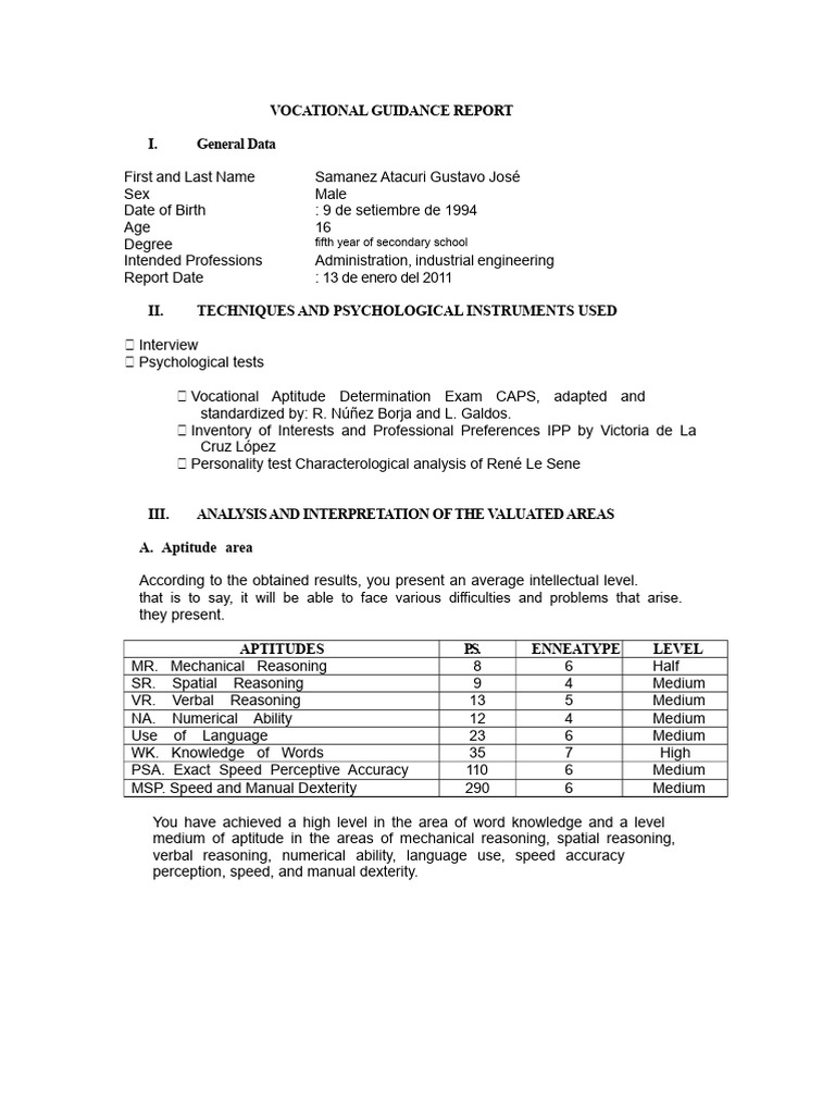 Vocational Guidance Report Summary | PDF | Reason | Knowledge