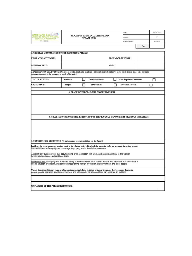 SST-FT-29 - Unsafe Acts and Conditions Report Format | PDF | Safety