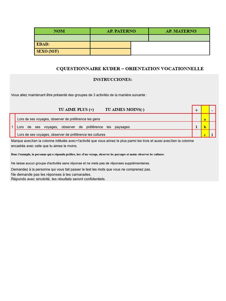 Questionnaire Kuder : Orientation Vocationnelle | PDF