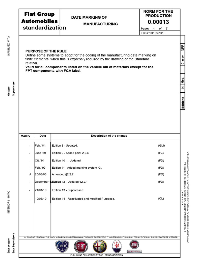Fiat Manufacturing Date Marking Standards | PDF