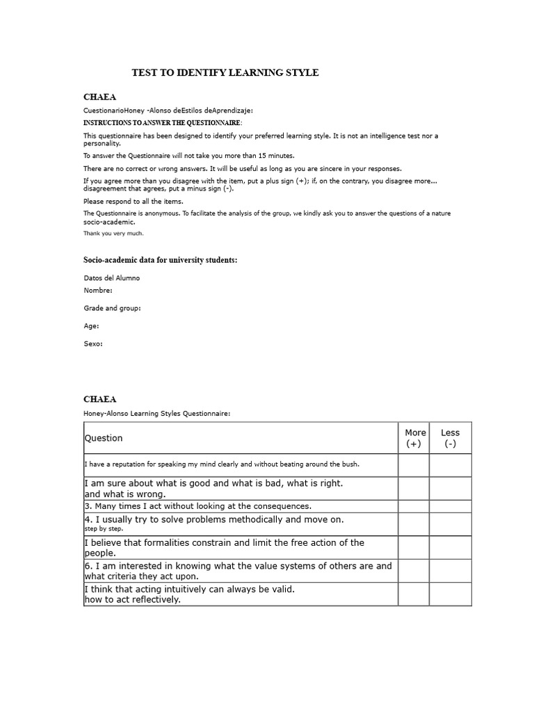 Learning Style Identification Test | PDF | Learning Styles | Questionnaire