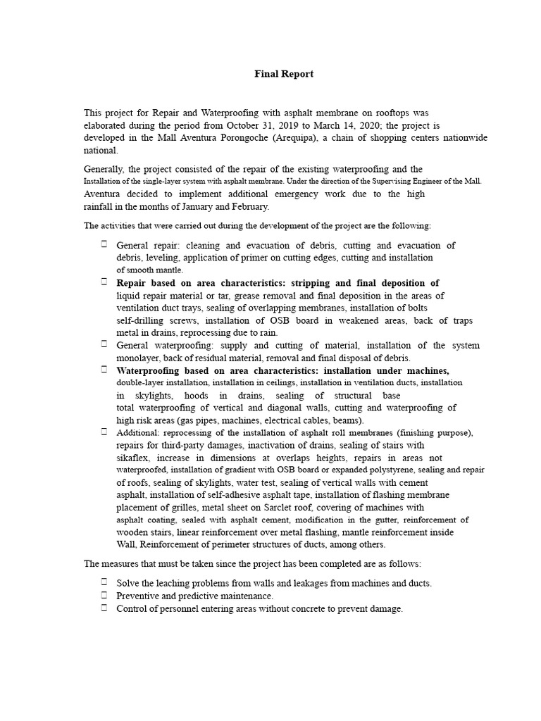 Asphalt Membrane Waterproofing Project Report | PDF | Leak | Building ...