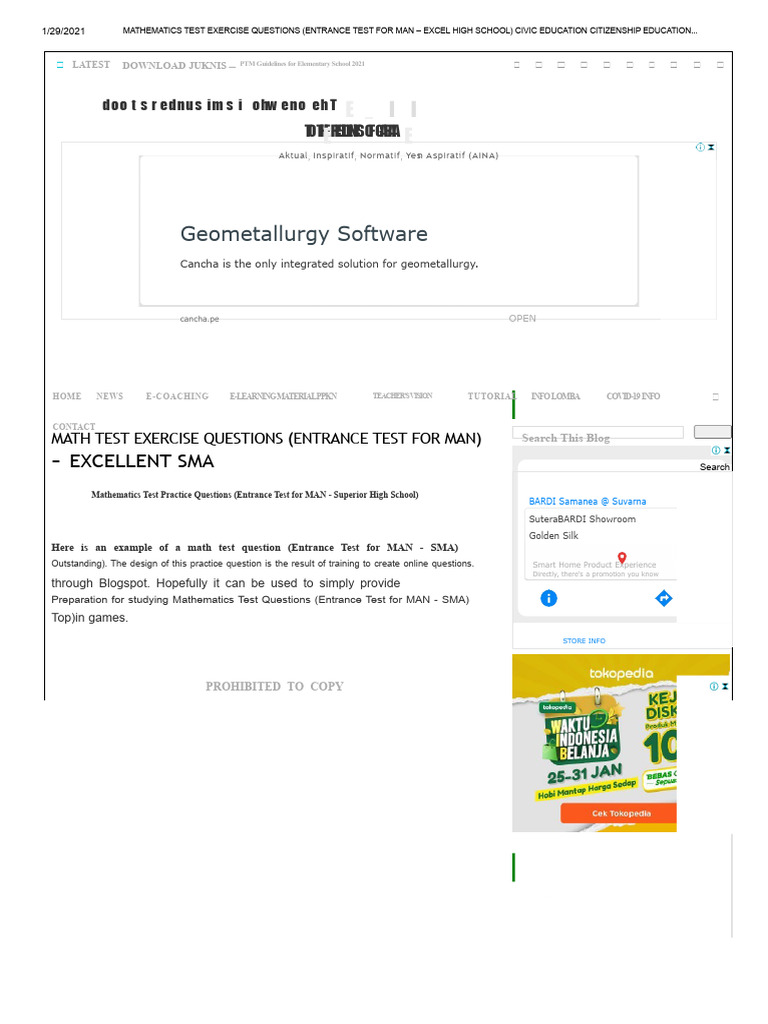 Mathematics Test Questions For Entrance Exam To Superior High School ...