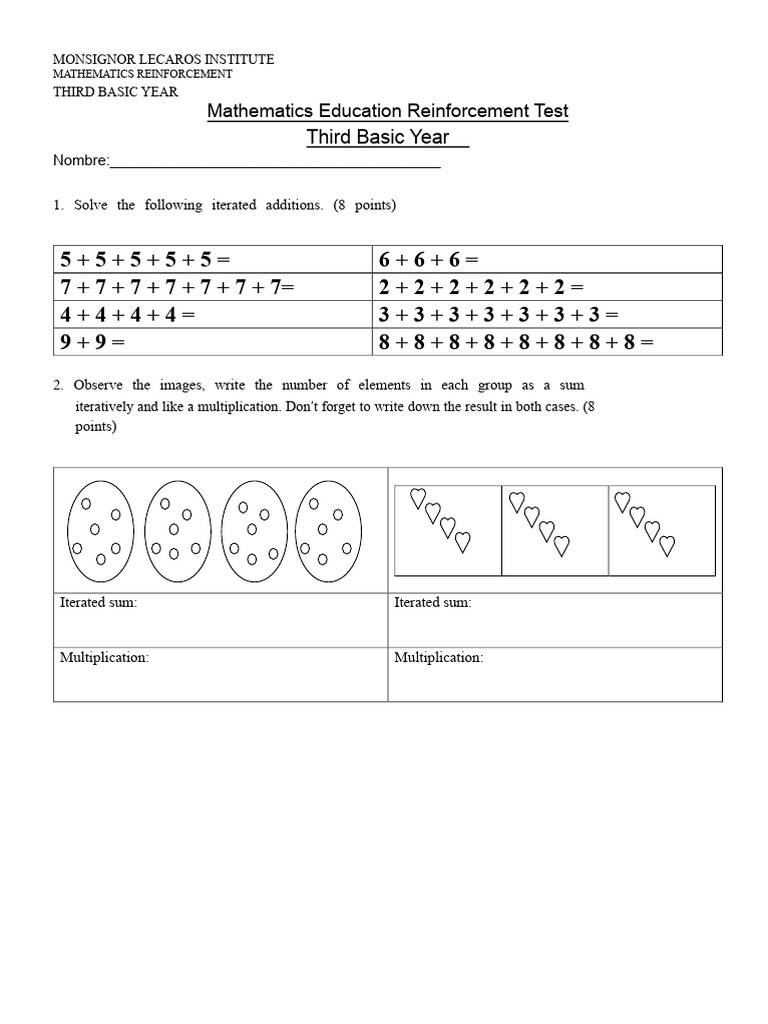 Mathematics Reinforcement Test Multiplications Third Grade 1 | PDF