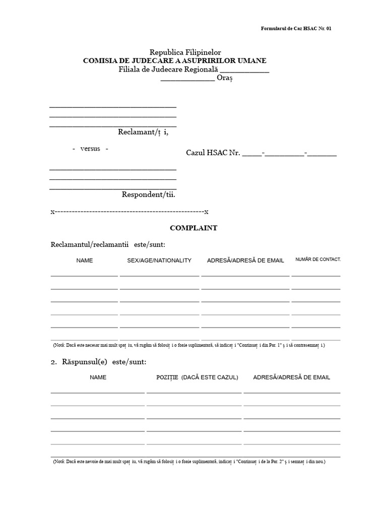 Hsac Formular de Caz Nr. 1 Rem Plângere | PDF