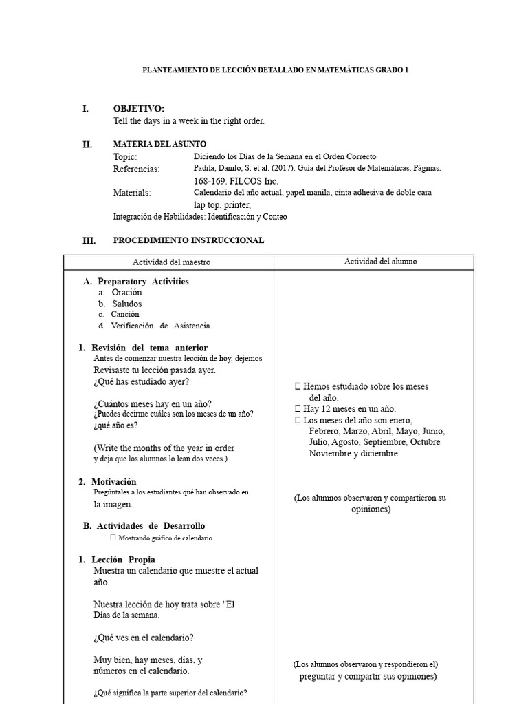 Lección de Matemáticas: Días de la Semana | PDF | Calendario