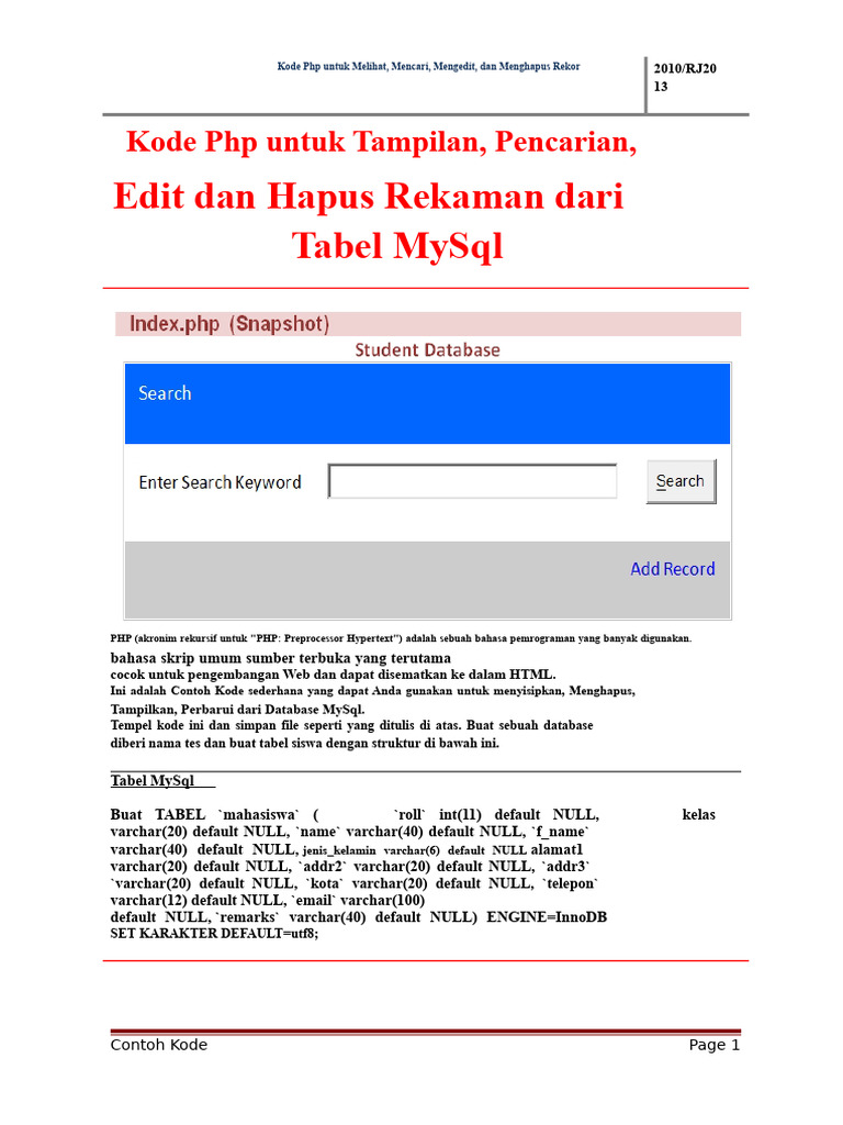 PHP CRUD untuk Database Siswa | PDF