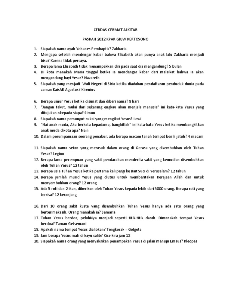 Soal Cerdas Cermat Alkitab Anak Sekolah Minggu Guru Paud