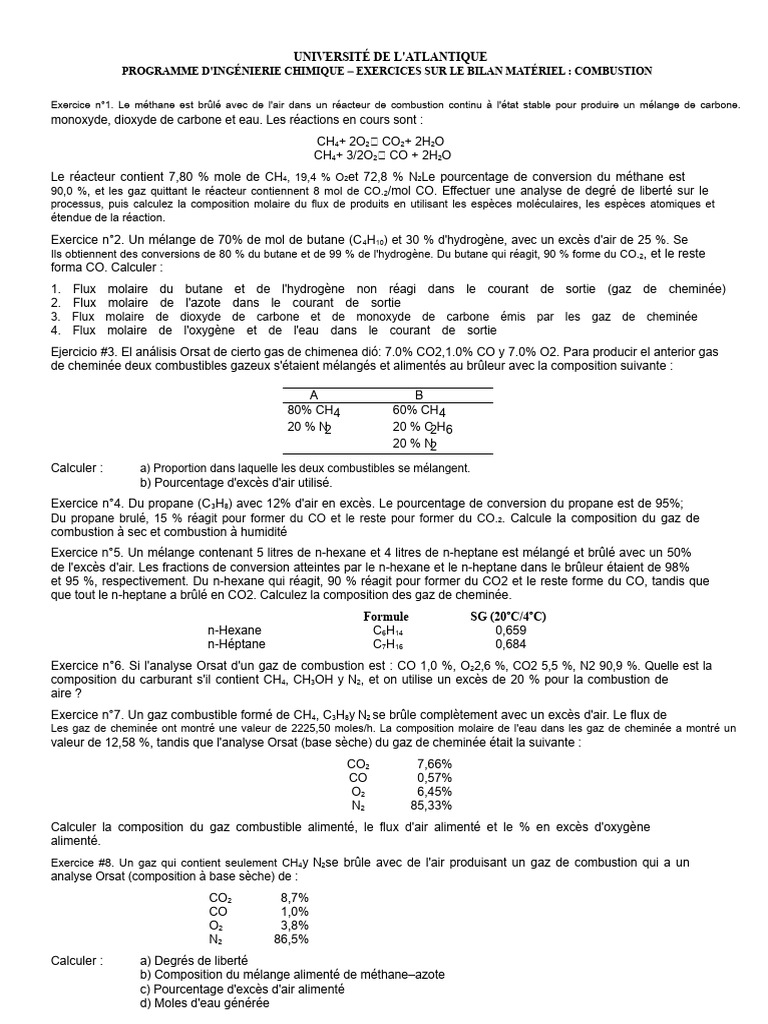 Exercices de bilan matériel en combustion | PDF | Monoxyde de carbone ...
