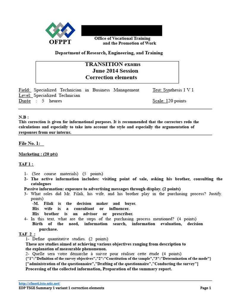 Correction Elements Examination of Transition 2014 Business Management ...
