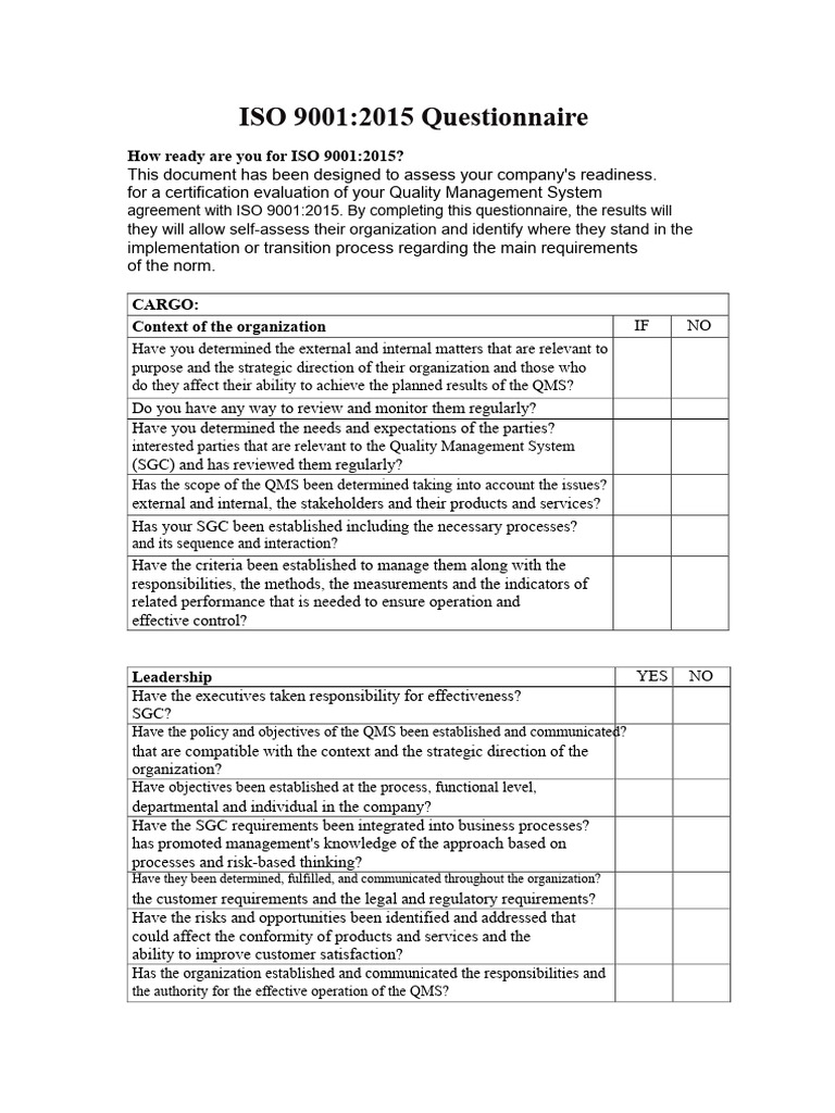 ISO 9001:2015 Readiness Assessment Tool | PDF | Quality Management ...