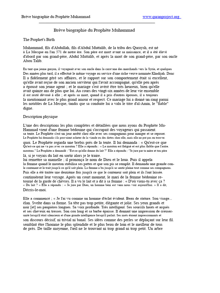 Biographie concise du Prophète Muhammad | PDF | Mahomet | Médine