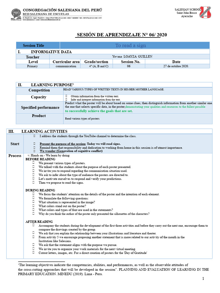 Reading Signs: Primary Learning Session | PDF | Information | Intention