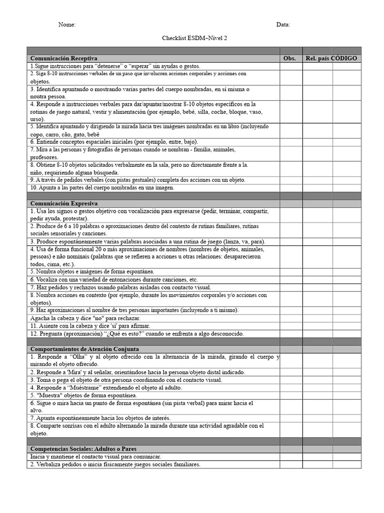 Checklist ESDM Nivel 2: Habilidades Infantiles | PDF
