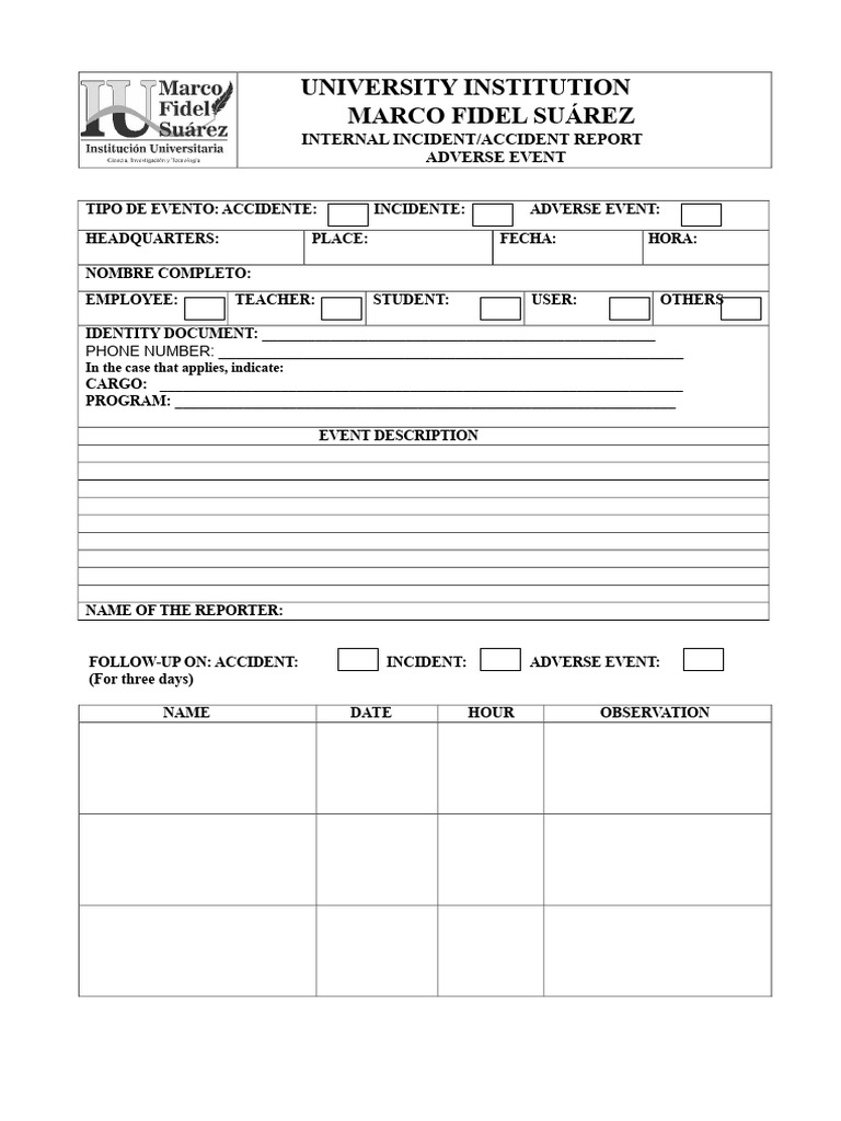 Internal Report Format of Accident - Incident - Adverse Event | PDF