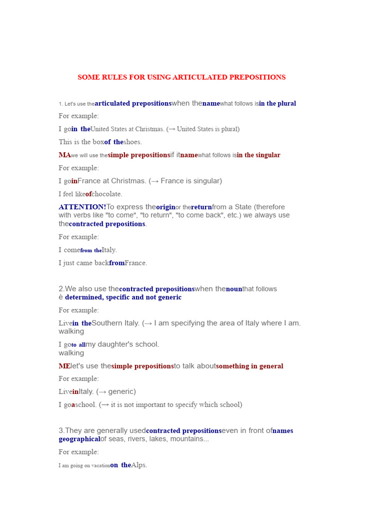 SOME RULES FOR USING ARTICULATED PREPOSITIONS | PDF | Plural ...
