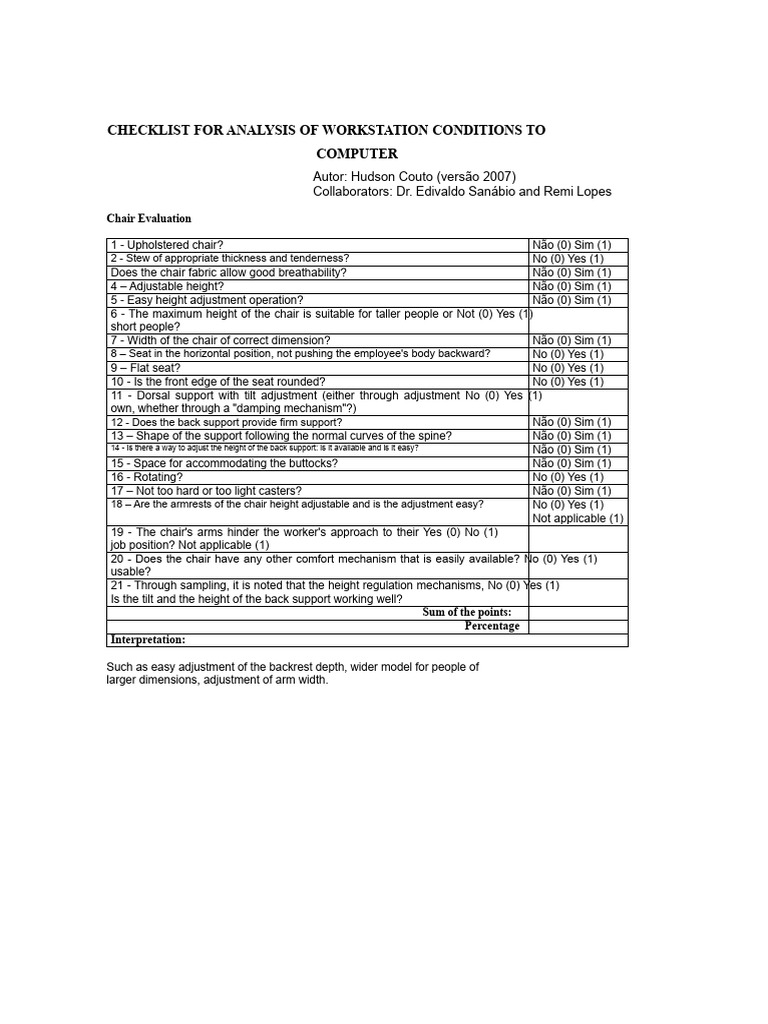 Workstation Conditions Analysis Checklist | PDF | Chair | Computer Keyboard