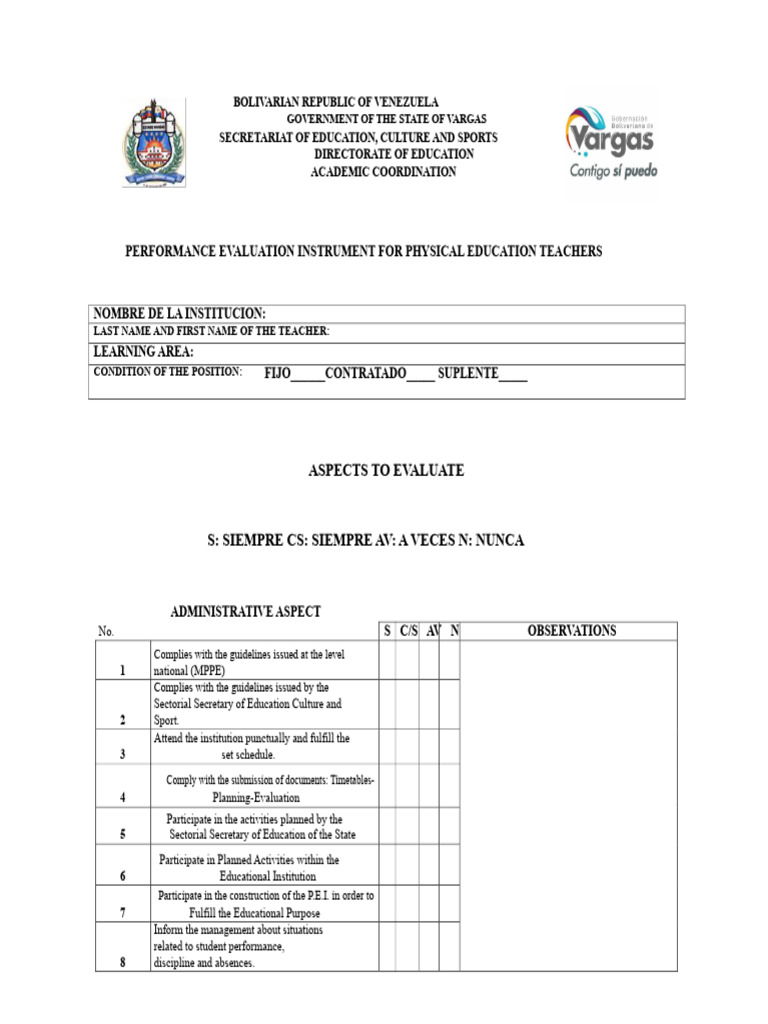 Performance Evaluation For Physical Education Teachers | PDF | Teachers ...