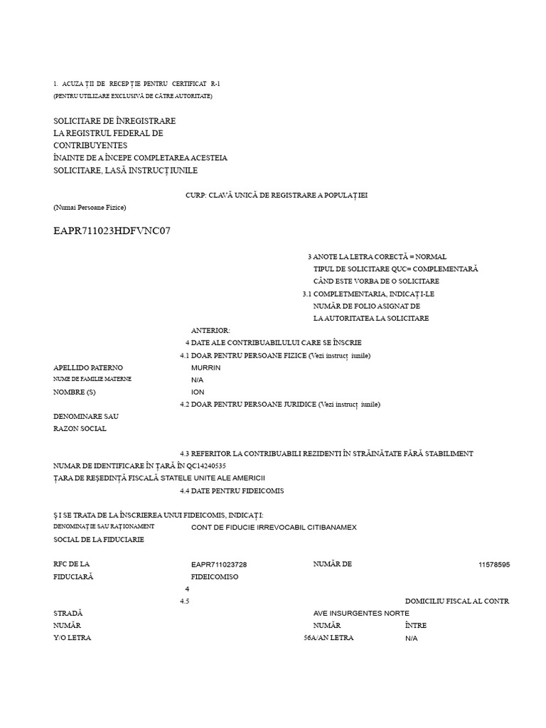 Format R-1 Solicitare de Înregistrare La Registrul Federal Al ...