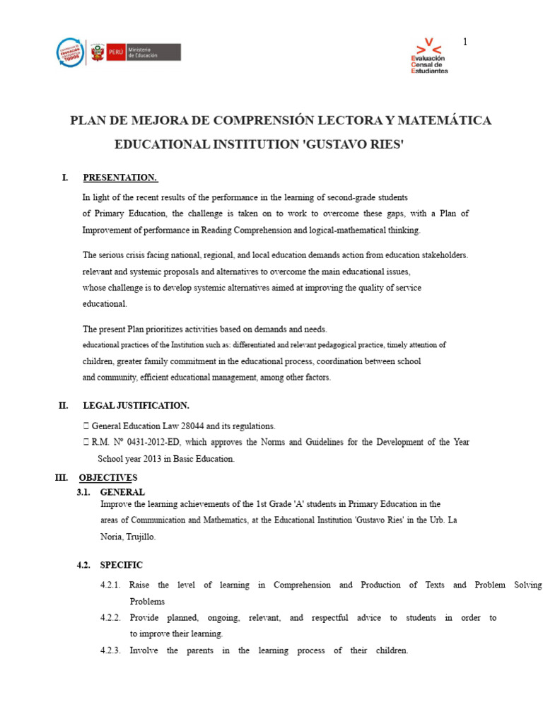 Plan de Mejora en Comprensión Lectora y Matemática | PDF | Learning ...