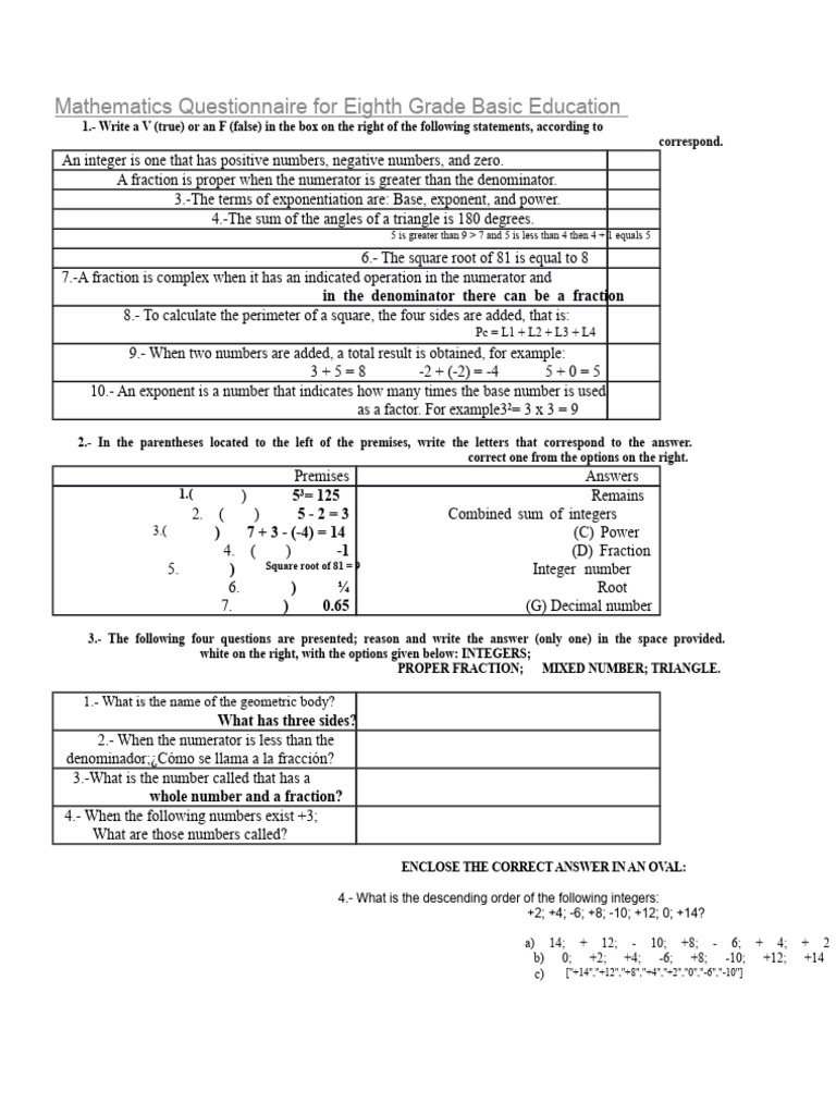 Eighth Grade Math Questionnaire | PDF | Numbers | Exponentiation