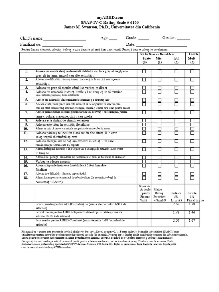 Scala de Evaluare SNAP-IV-C # 6160 | PDF