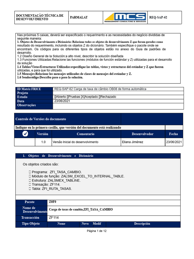 Documentação Técnica REQ-SAP-62 Parmalat | PDF