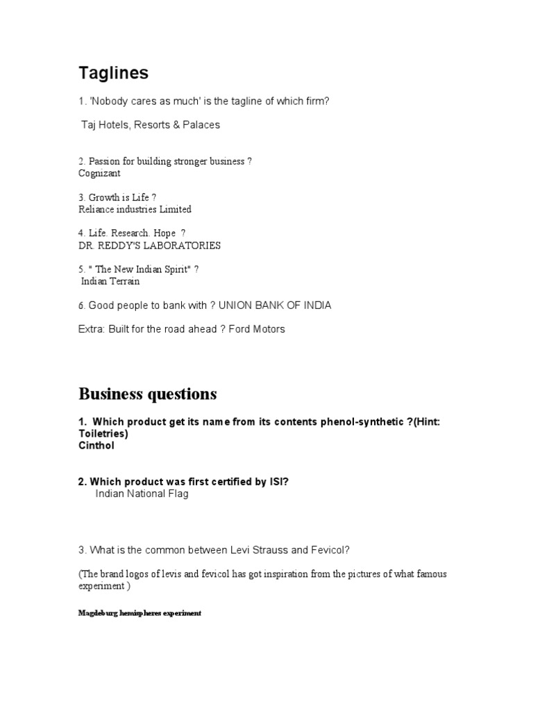 Taglines and business trivia questions PDF Business
