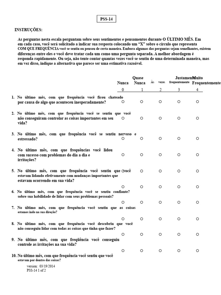 Escala PSS-14: Avaliação de Estresse | PDF | Pensamento