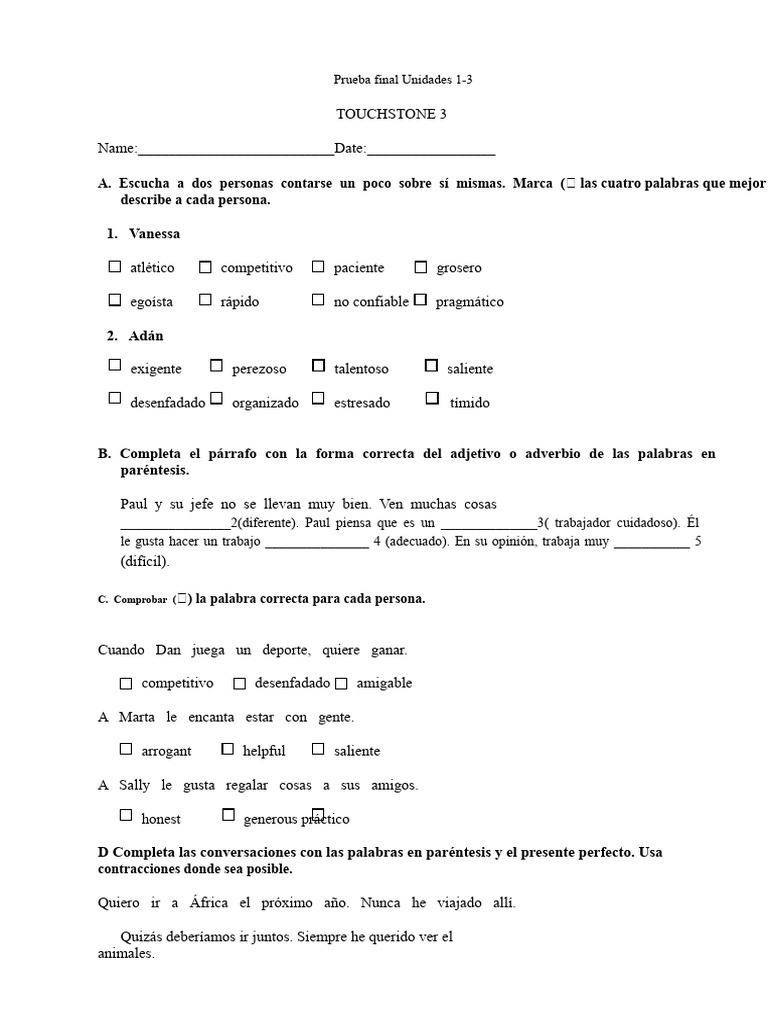 Prueba Final de Inglés: Unidades 1-3 | PDF