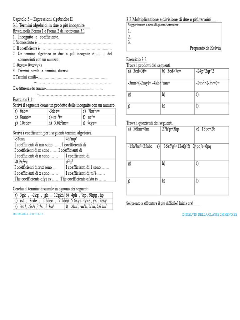 Note Di Matematica Del Form 2 + Esercizi Di Kelvin - Capitolo 3-4 | PDF