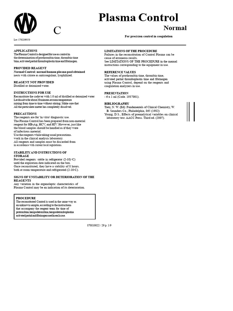 Plasma Control for Coagulation Testing | PDF | Blood Plasma | Coagulation