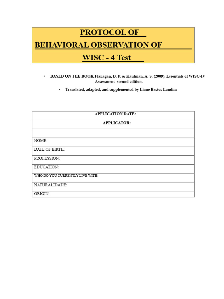 WISC-IV Behavioral Observation Protocol | PDF | Neuroscience ...
