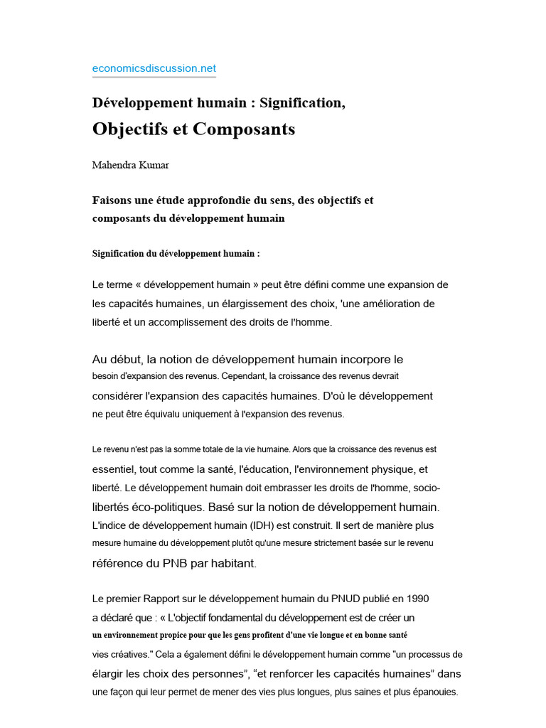 Développement humain : Objectifs et Composants | PDF | Développement ...