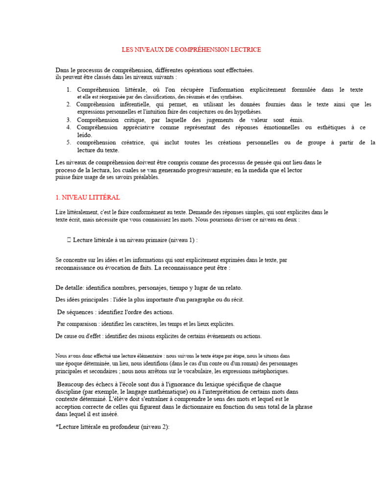 Niveaux de compréhension de lecture | PDF | Sciences cognitives ...