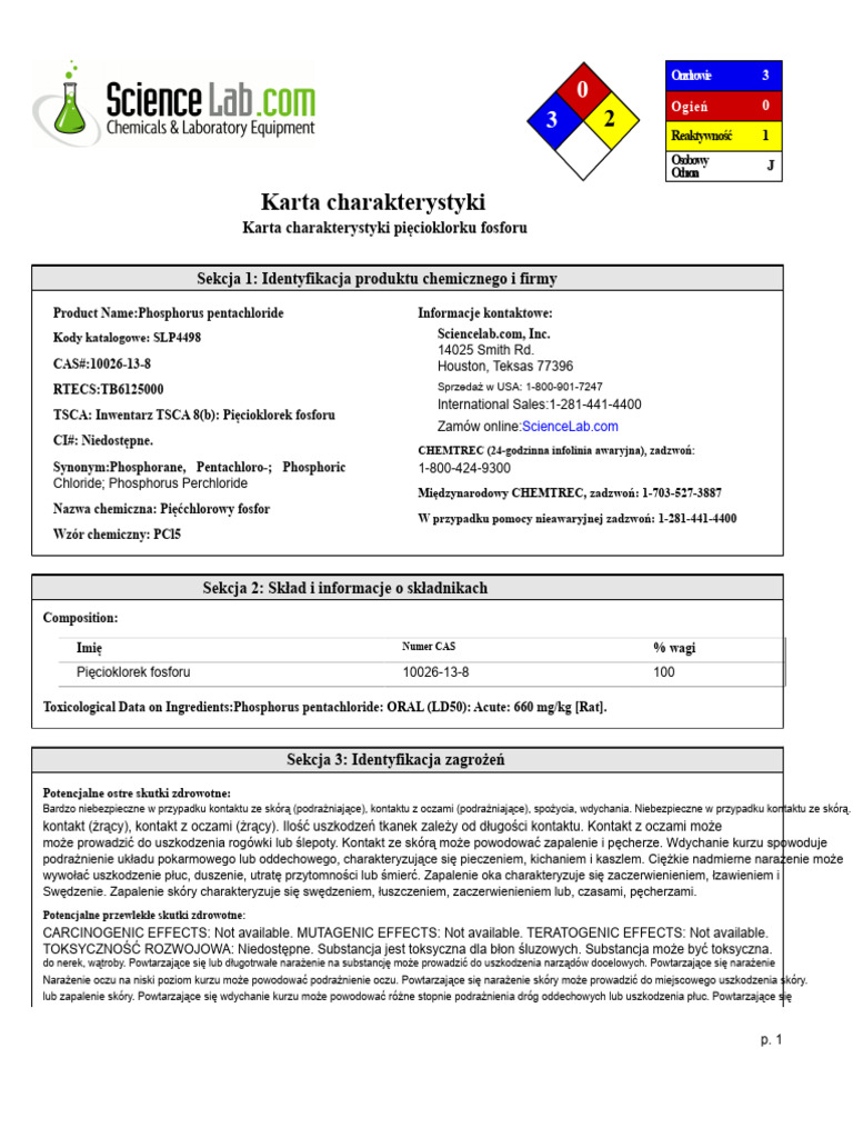 Karta Charakterystyki Fosforu Pentachlorku | PDF