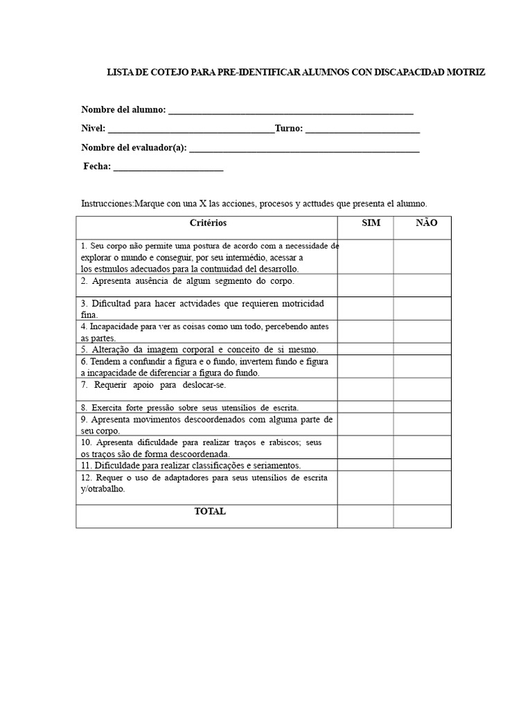 Lista de Cotejo para Alunos com Deficiências | PDF